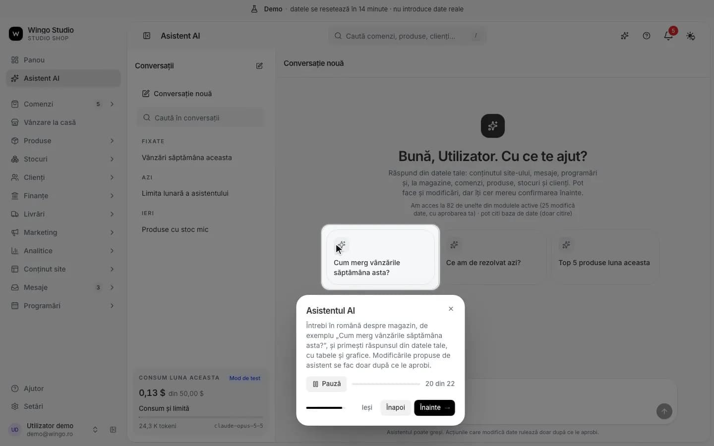 The Wingo Studio AI assistant, with suggested questions