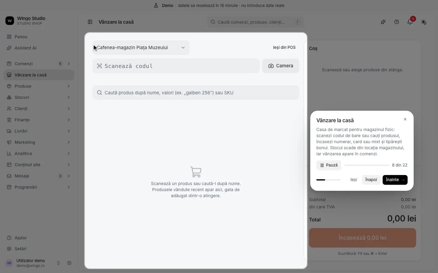 The Wingo Studio point-of-sale screen: barcode scan, product search and cart