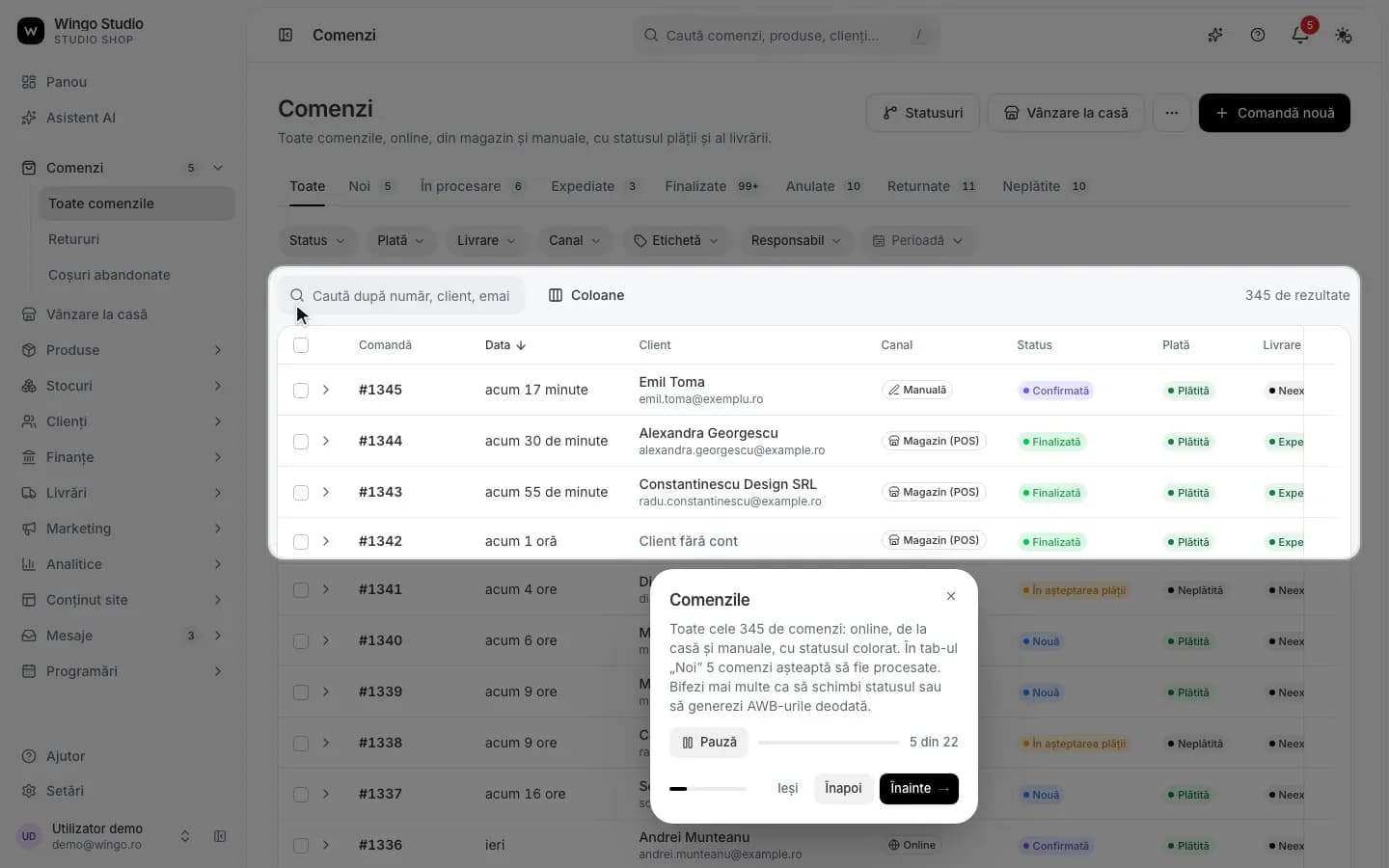 The order list, with channel, status, payment and delivery