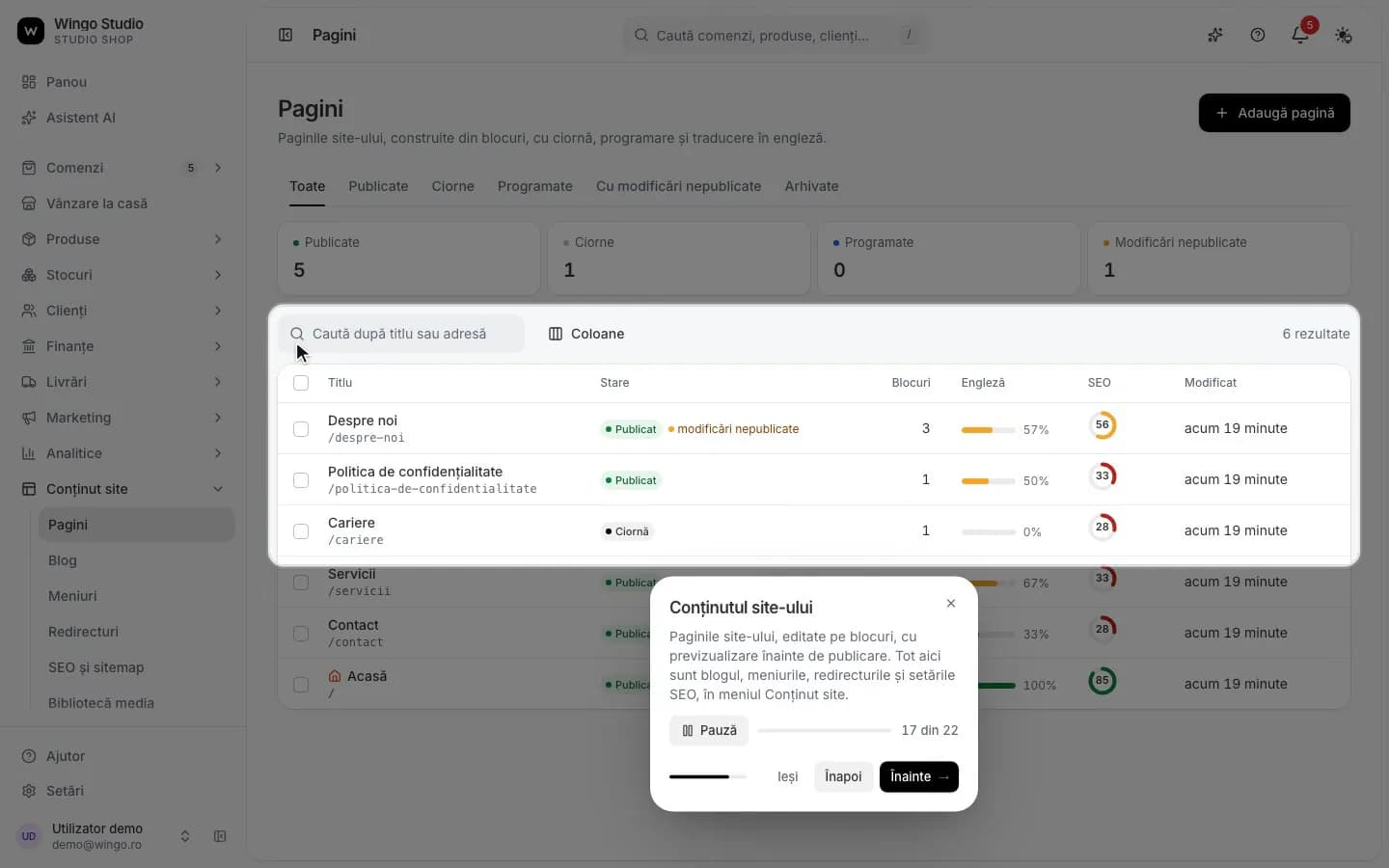 The site's page list, with status and SEO score