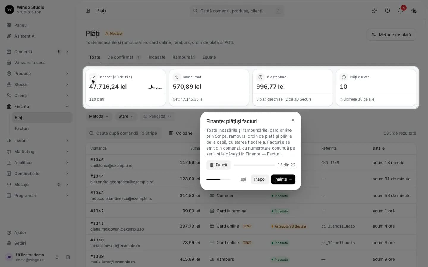 Payments: collected, refunded, pending, by method