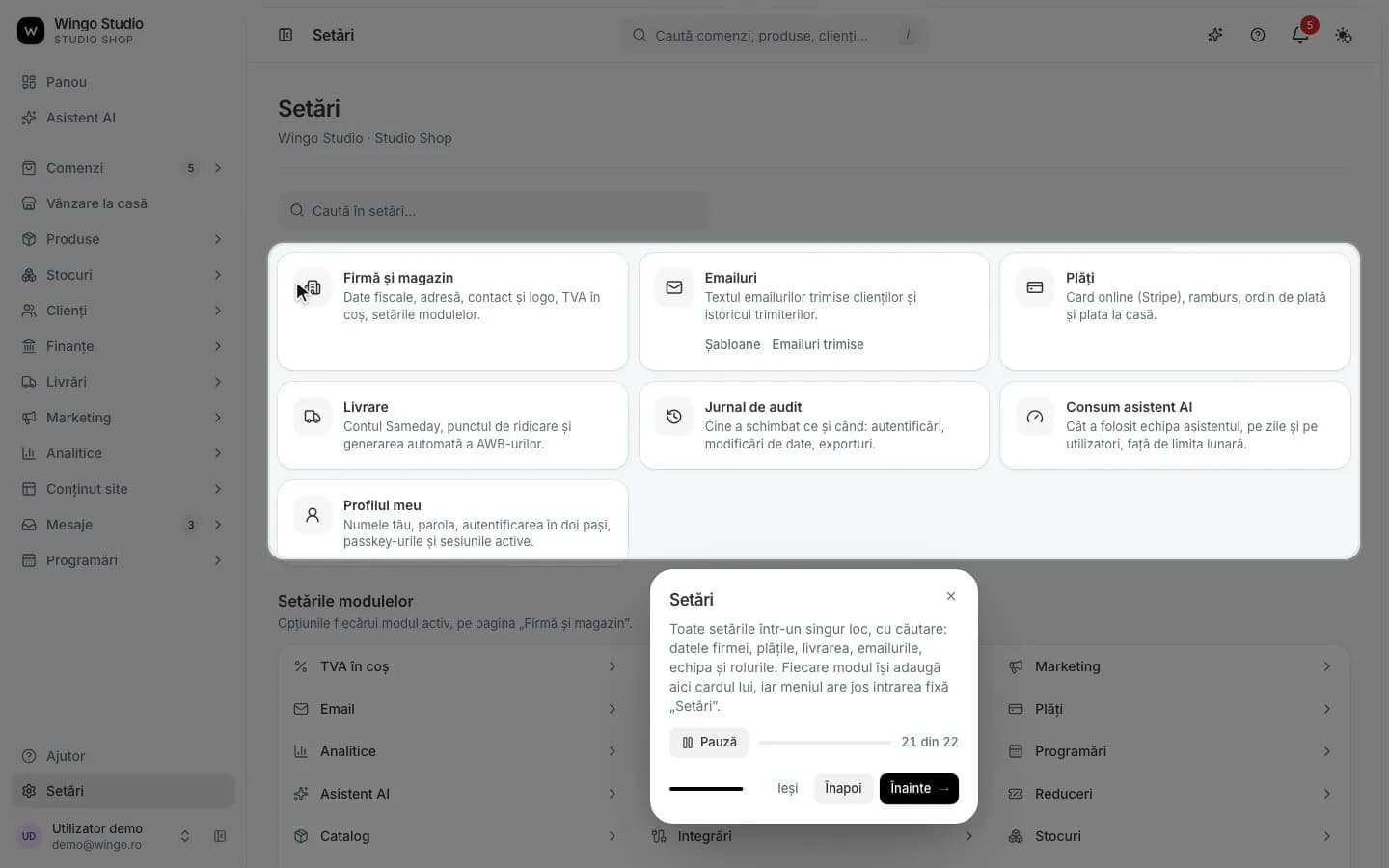 Wingo Studio settings: company, emails, payments, shipping, audit log and a profile with passkeys